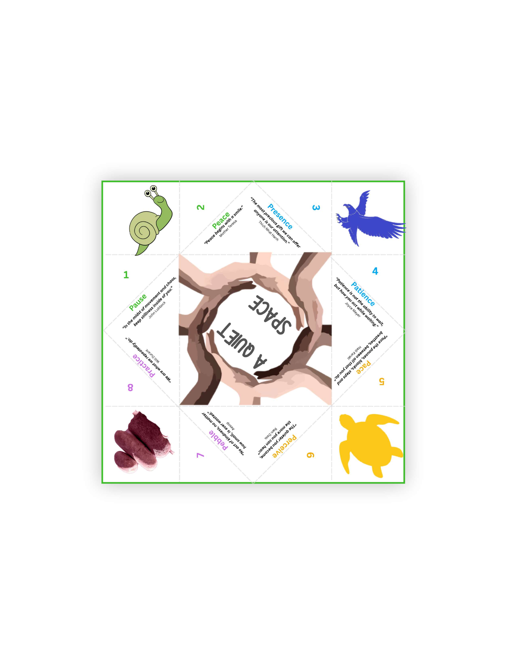 A Quiet Space cootie catcher featuring the 8 P's: Pause, Peace, Presence, Patience, Pace, Perceive, Pebble, Practice